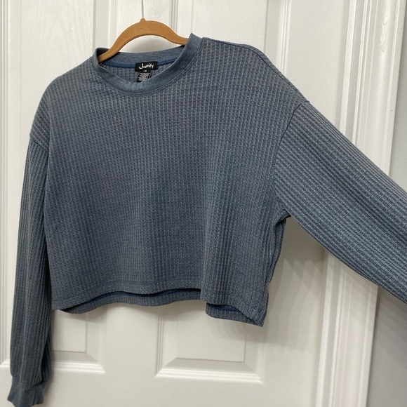 Justify Waffle Knit Long Sleeve Oversized Shirt Blue-Gray Medium - Picture 4 of 7